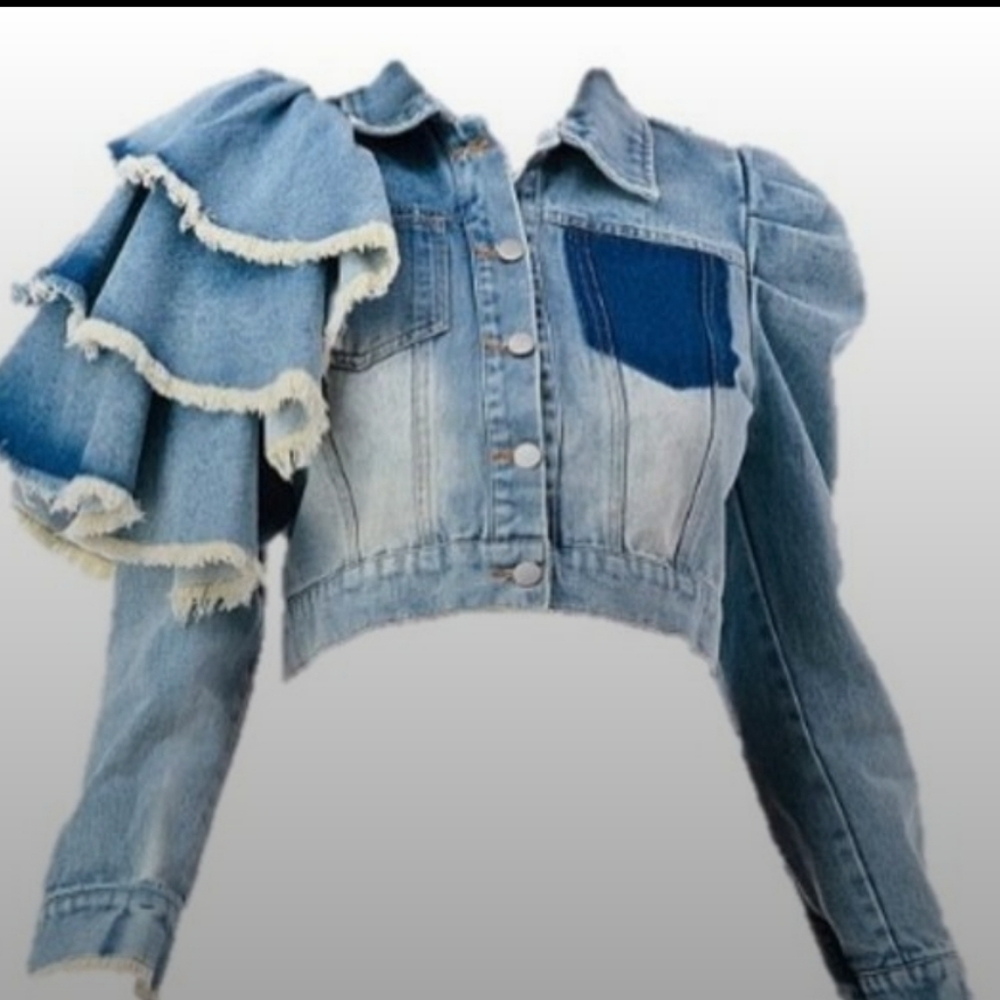 Plus Size, One Shoulder Ruffled, Cropped, Denim Jacket